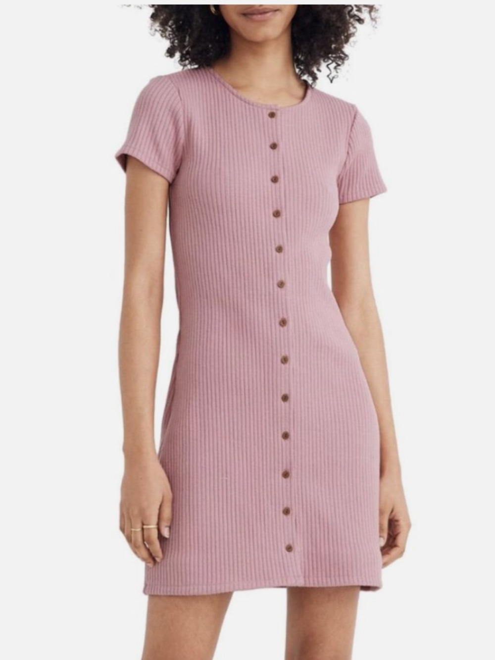 MADEWELL WOMEN'S PINK SHORT SLEEVE BUTTON FRONT RIBBED MINI DRESS